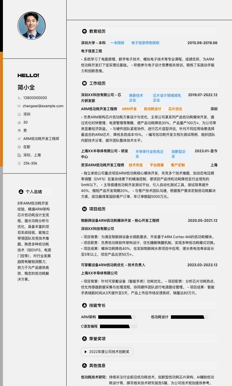 ARM低功耗开发工程师简历模板