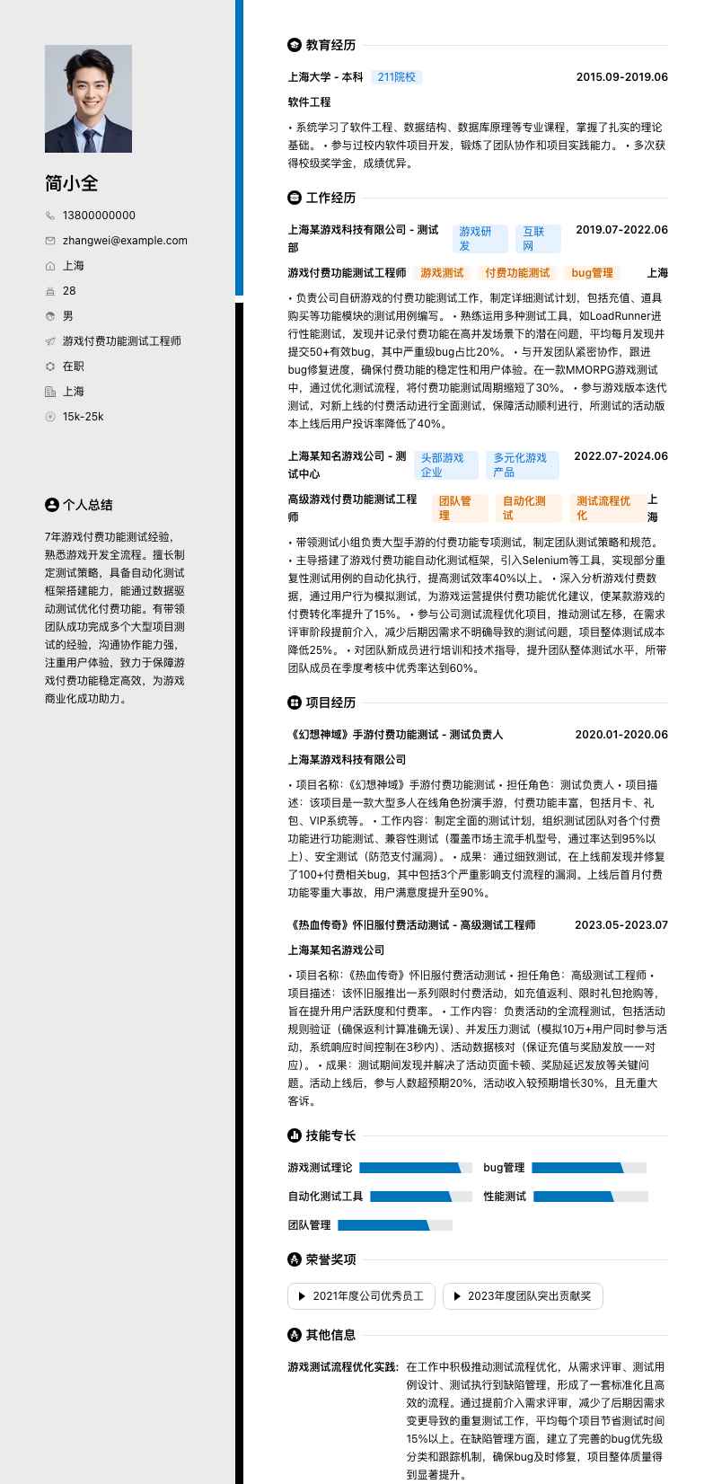 游戏付费功能测试工程师简历模板