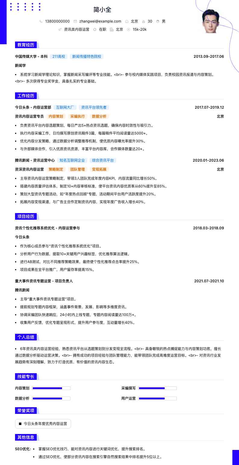 资讯类内容运营简历模板
