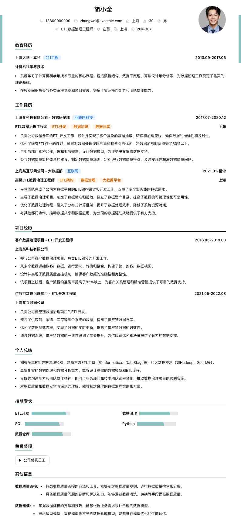 ETL数据治理工程师简历模板