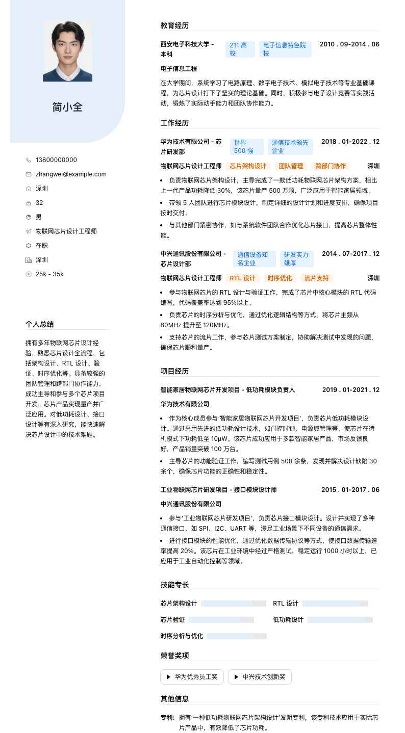 物联网芯片设计工程师简历模板