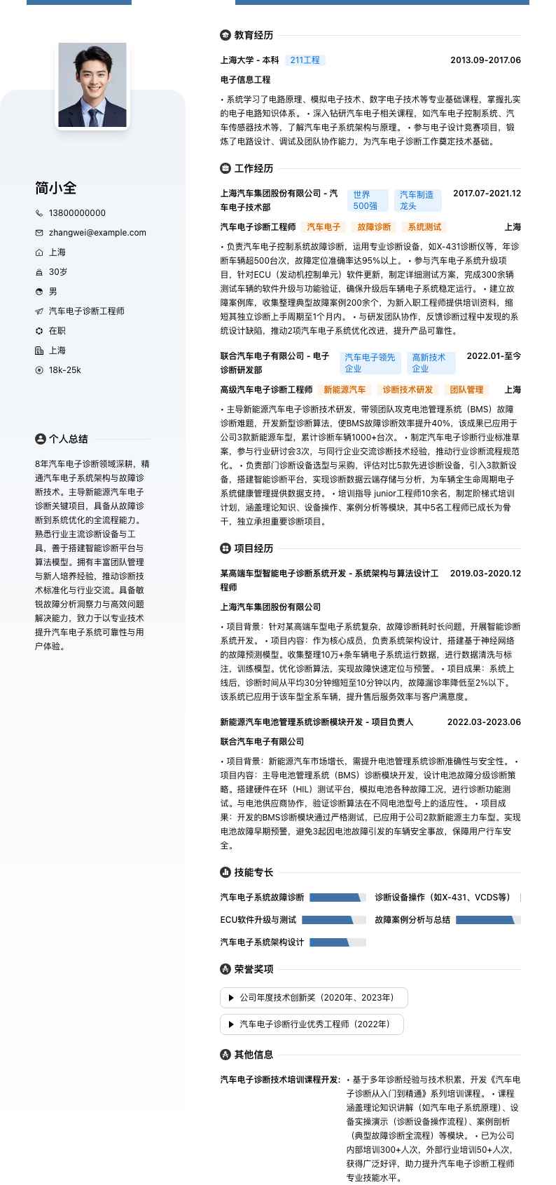 汽车电子诊断工程师简历模板