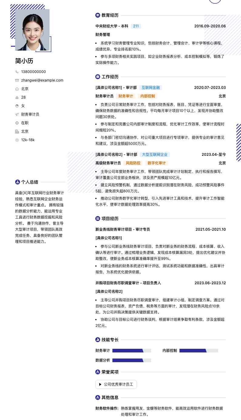 财务审计员简历模板