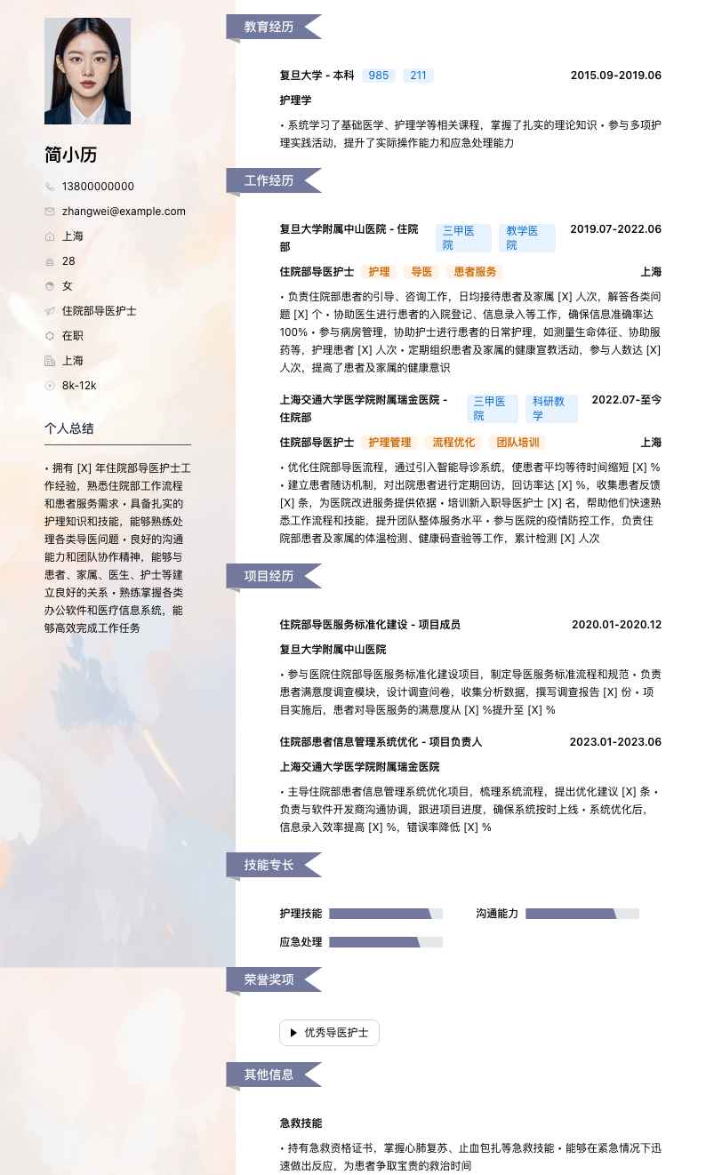 住院部导医护士简历模板