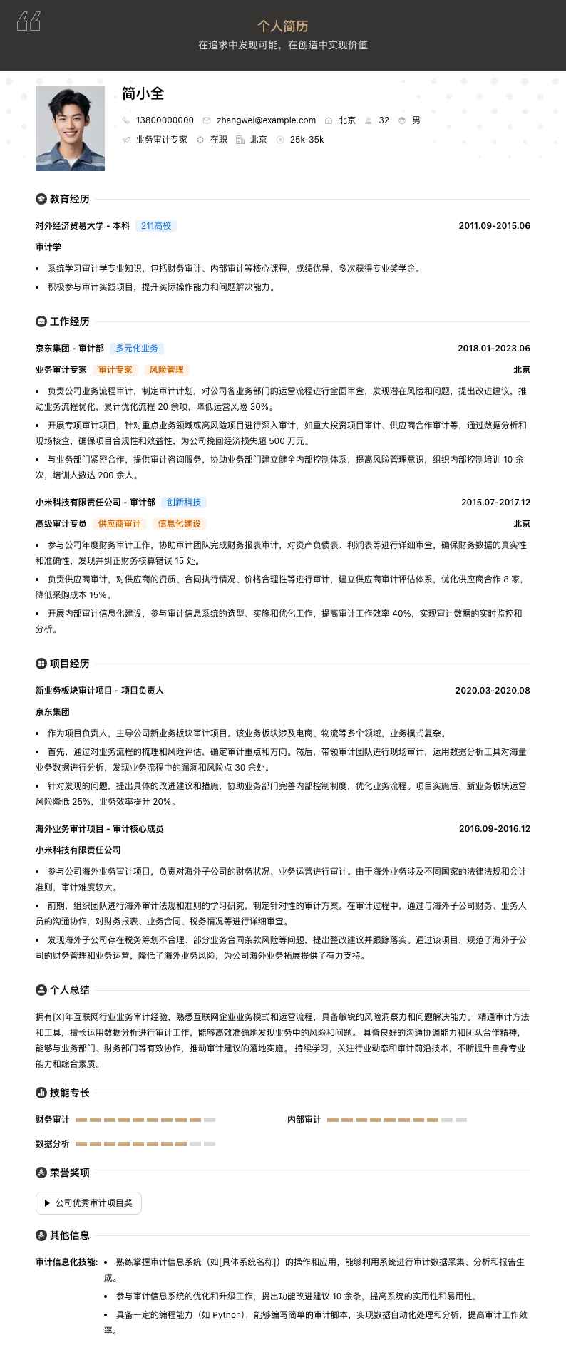 业务审计专家简历模板