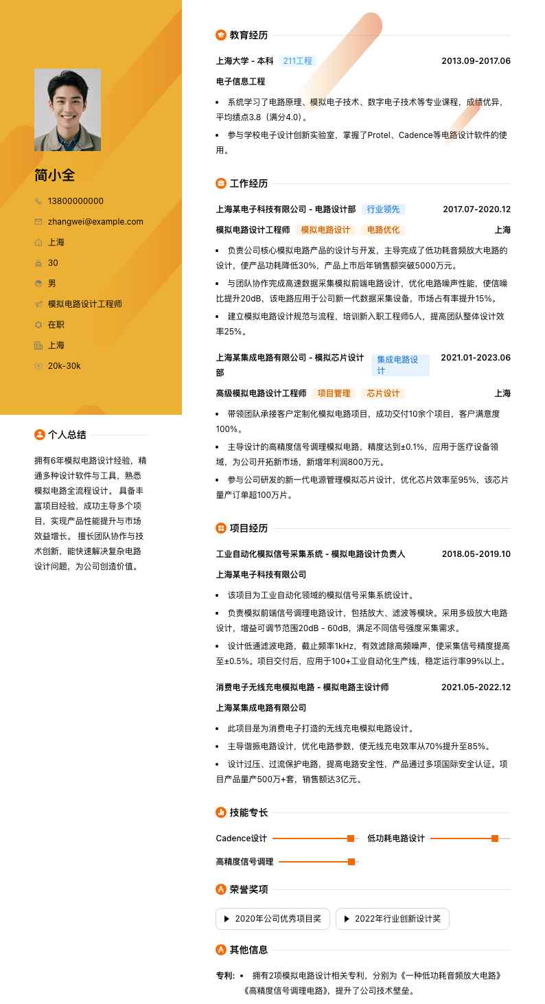 模拟电路设计工程师简历模板