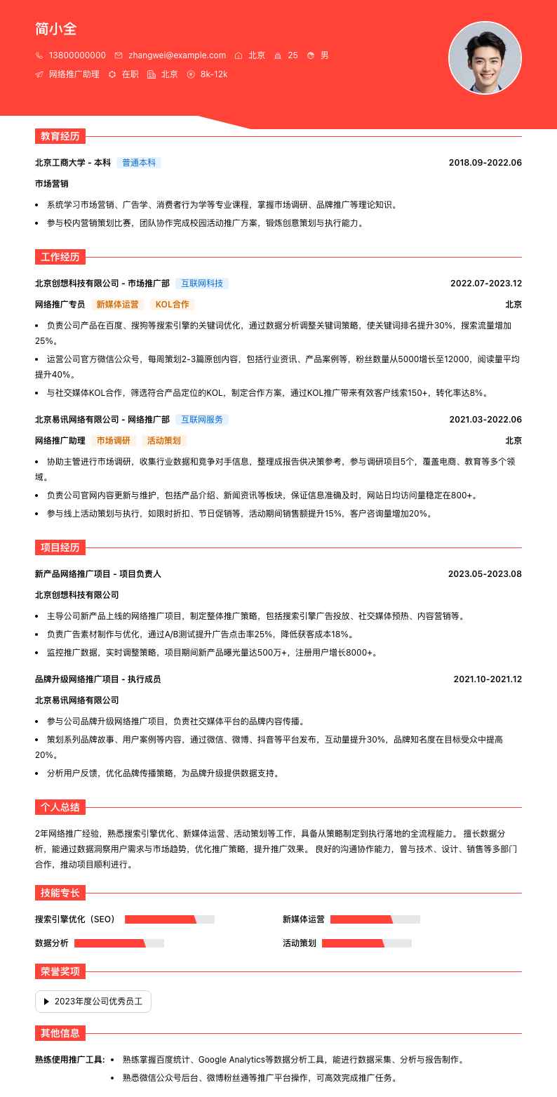 网络推广助理简历模板