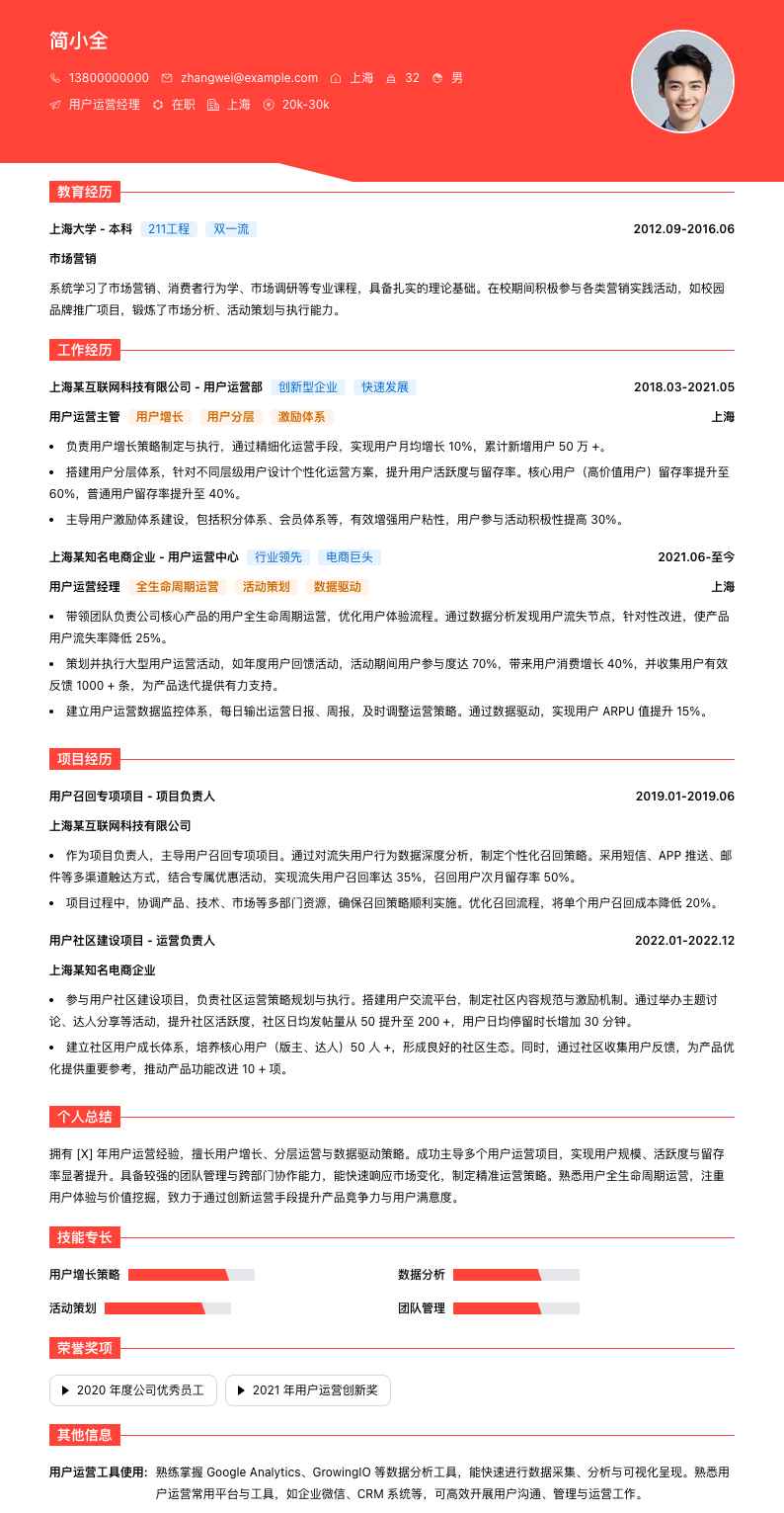 用户运营经理简历模板