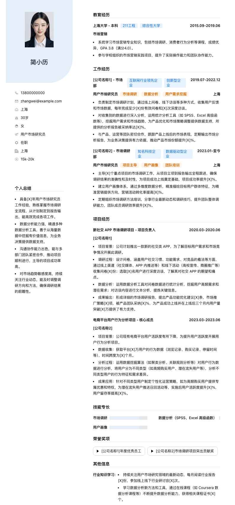用户市场研究员简历模板