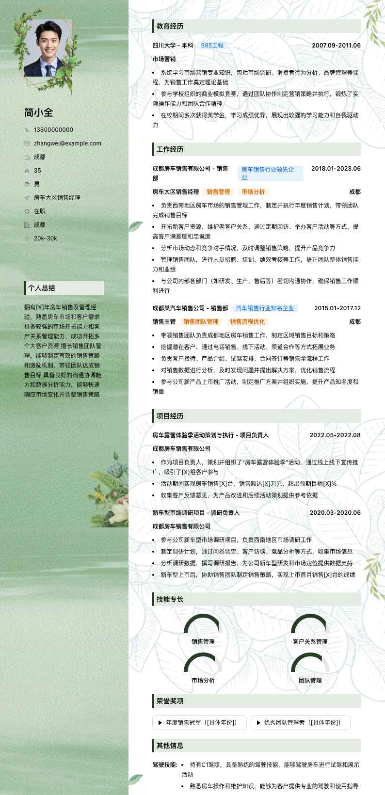 房车大区销售经理简历模板