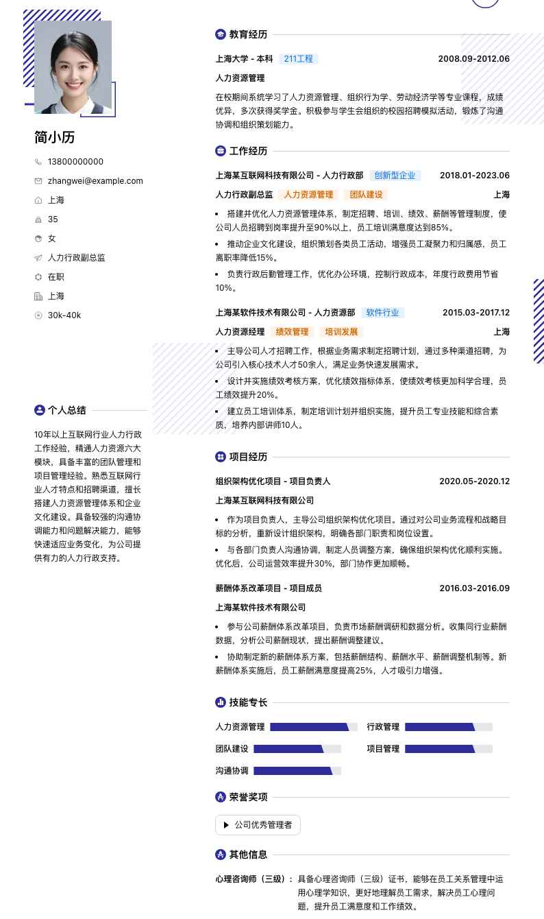 人力行政副总监简历模板