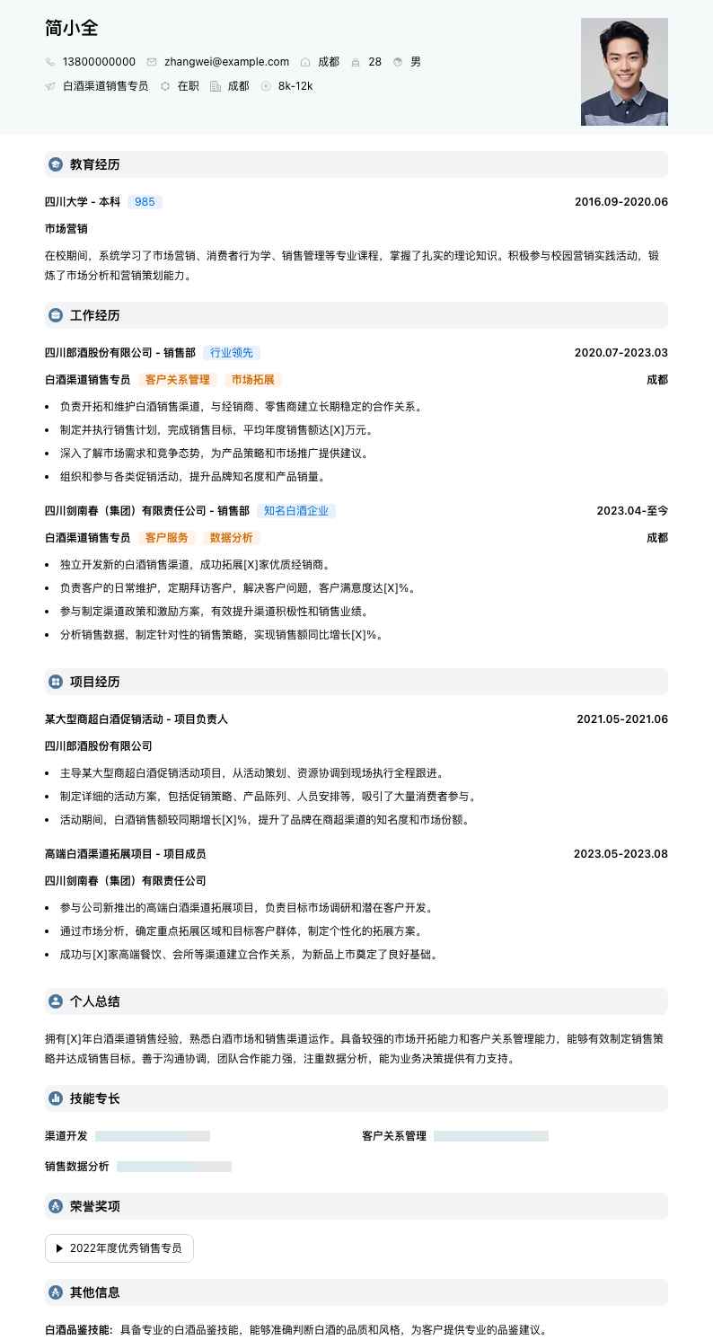 白酒渠道销售专员简历模板