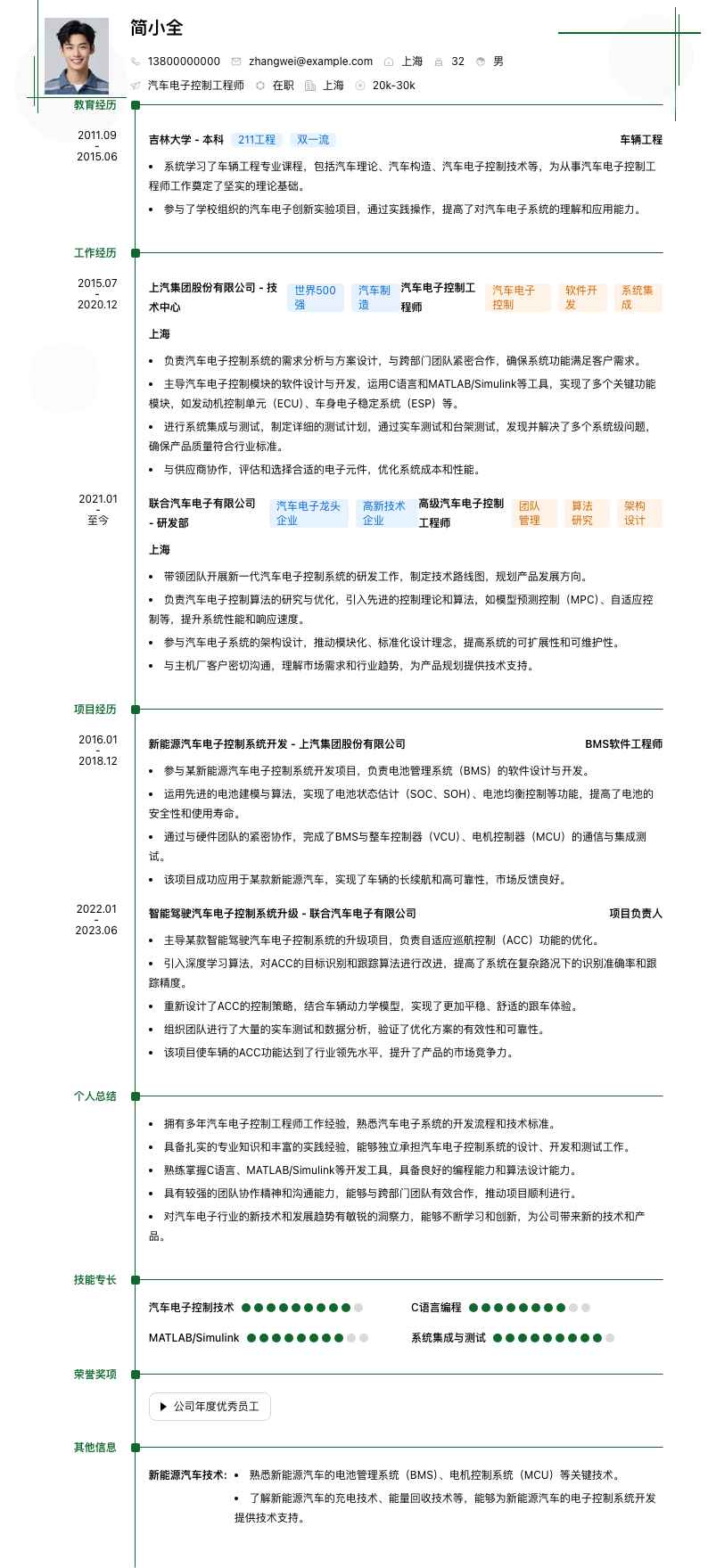汽车电子控制工程师简历模板