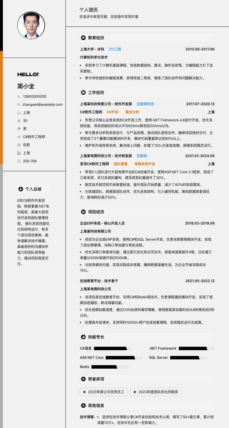 c#软件工程师简历模板