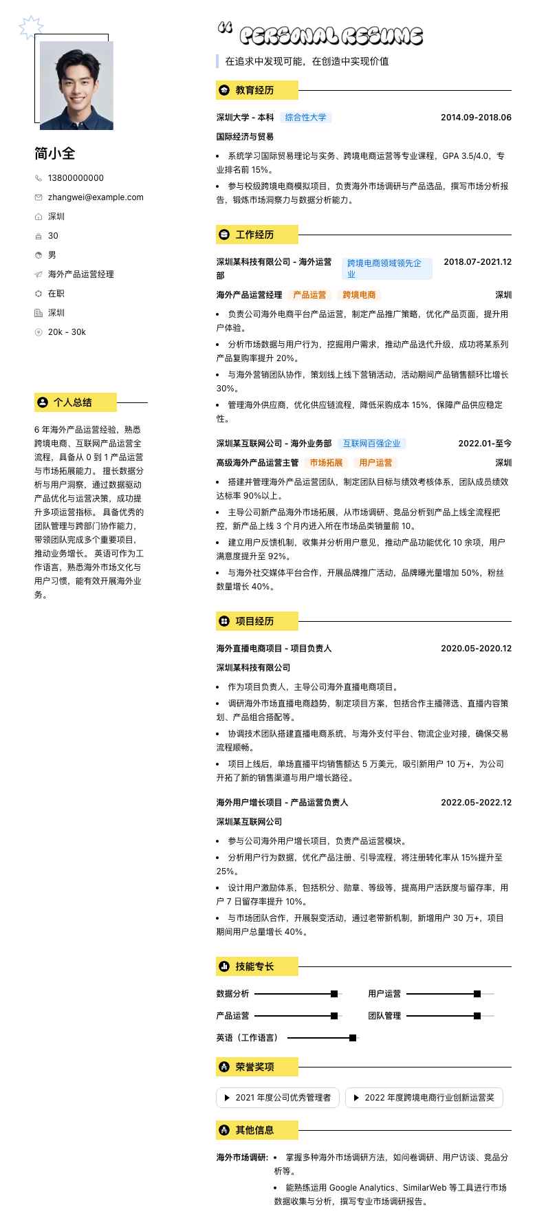海外产品运营经理简历模板