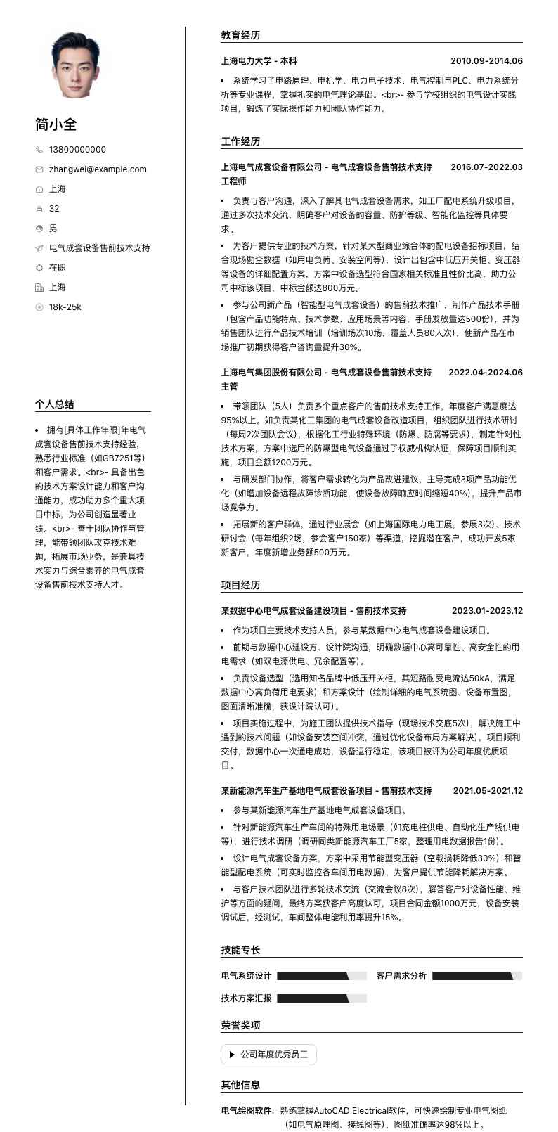 电气成套设备售前技术支持简历模板