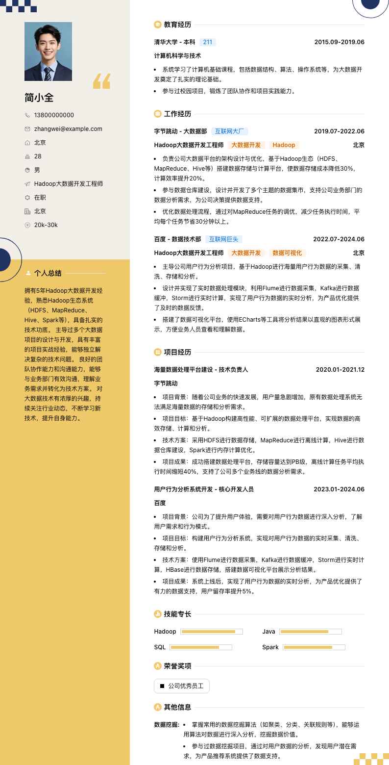 hadoop大数据开发简历模板