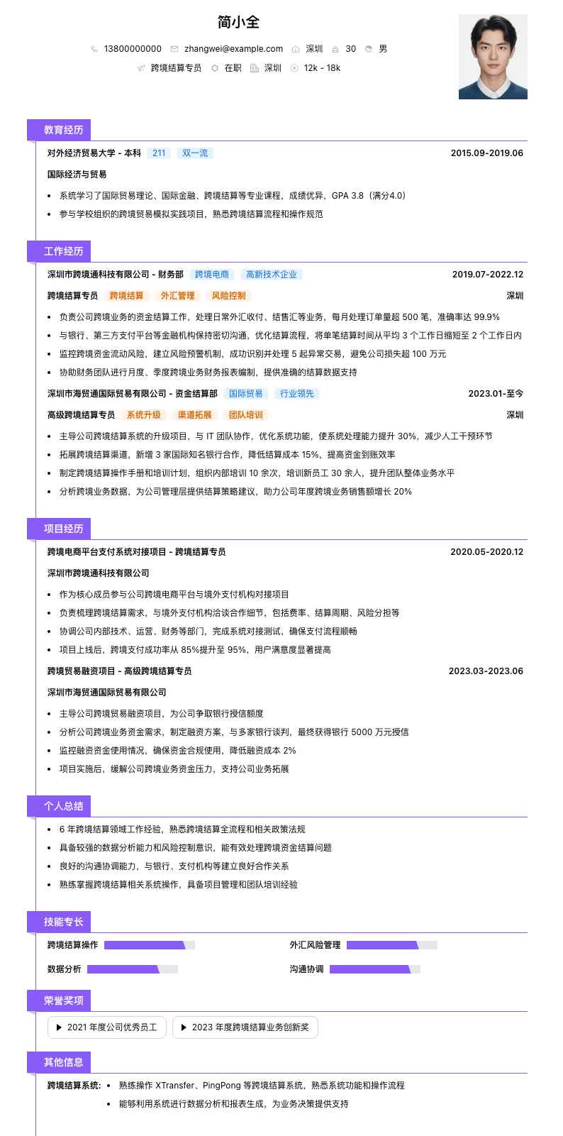 跨境结算专员简历模板