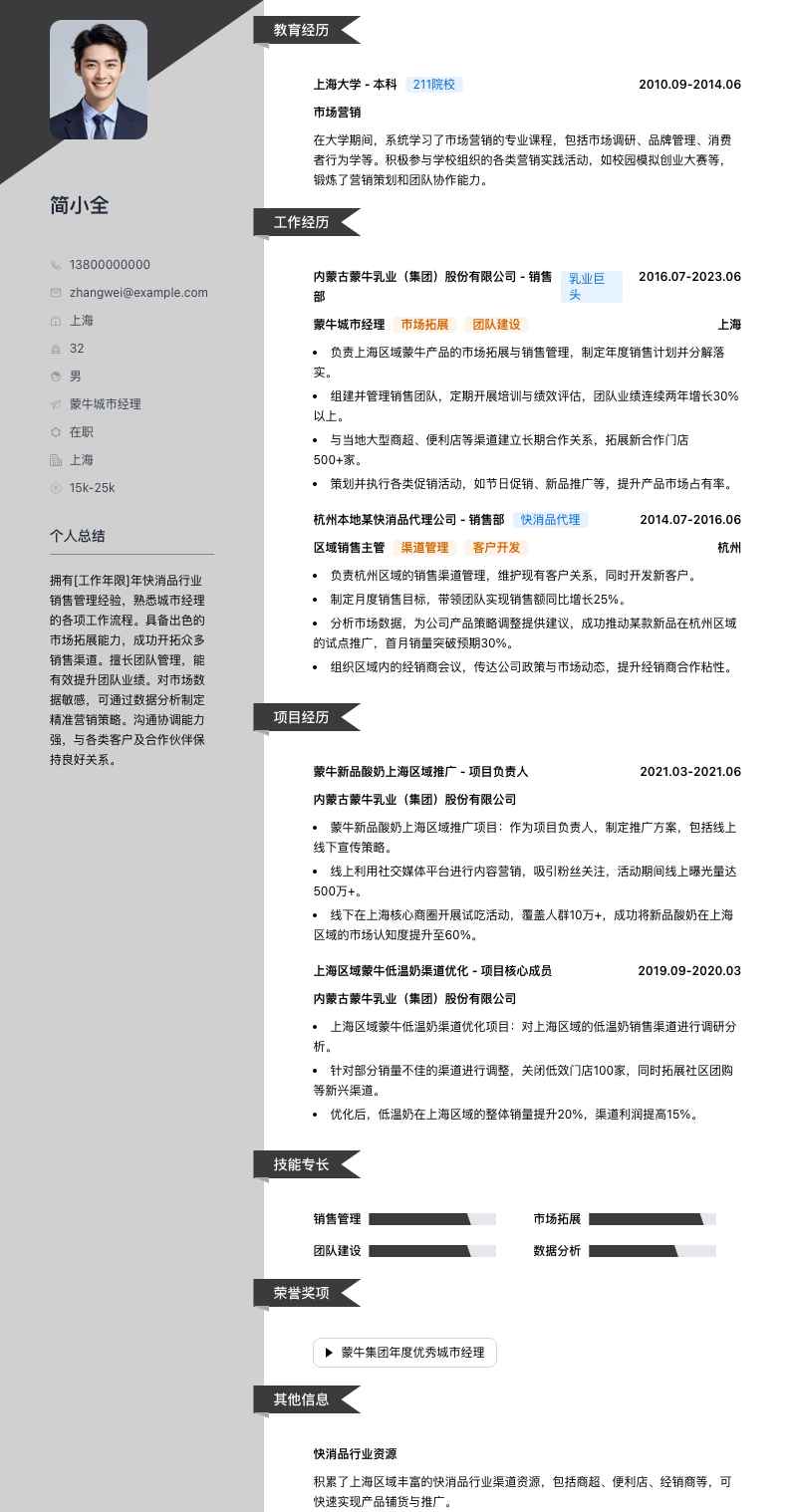 蒙牛城市经理简历模板