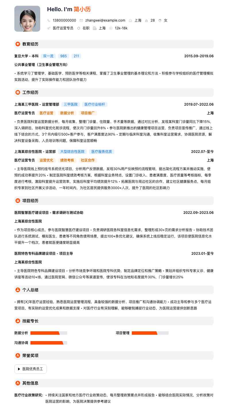 医疗运营专员简历模板