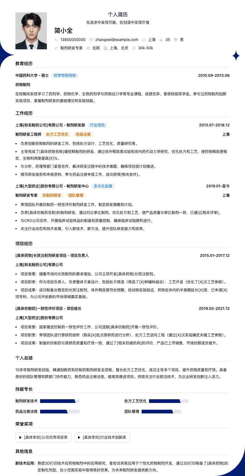 制剂研发专家简历模板
