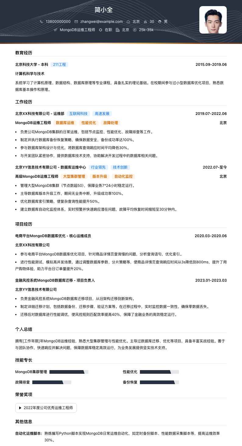 MongoDB运维工程师简历模板