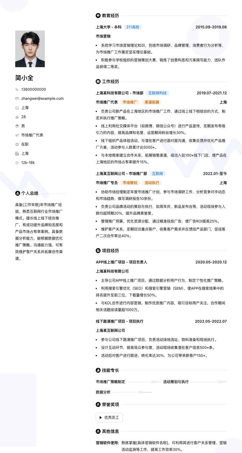 市场推广代表简历模板