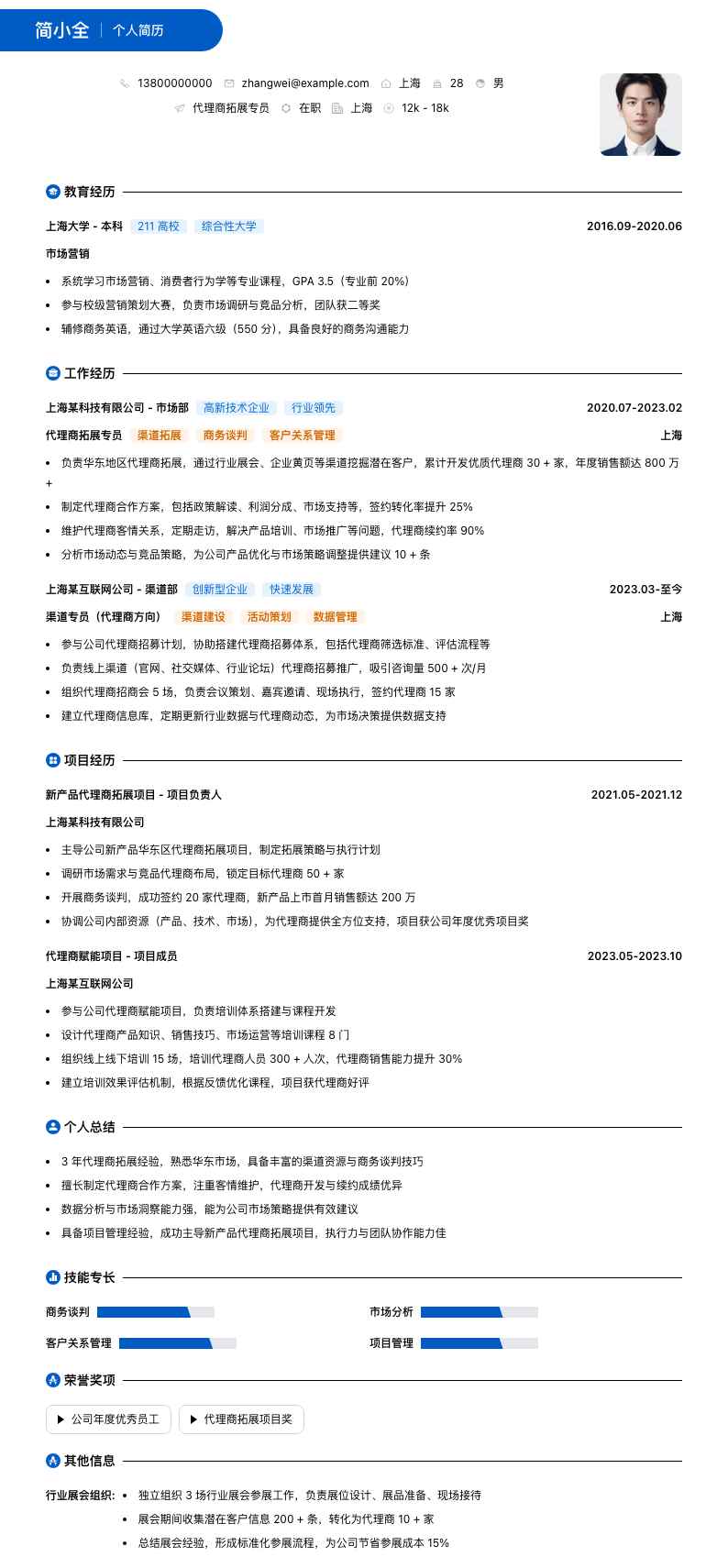 代理商拓展专员简历模板