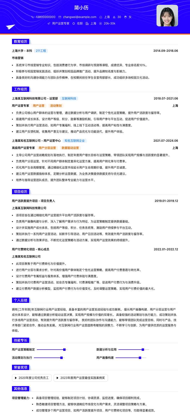 用户运营专家简历模板