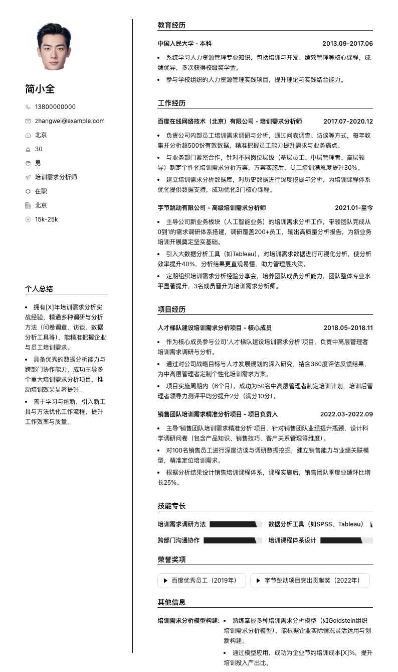 培训需求分析师简历模板