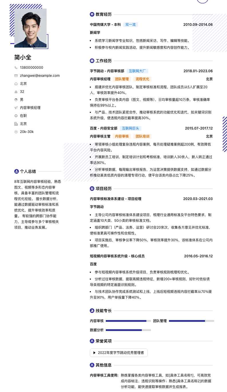 内容审核经理简历模板