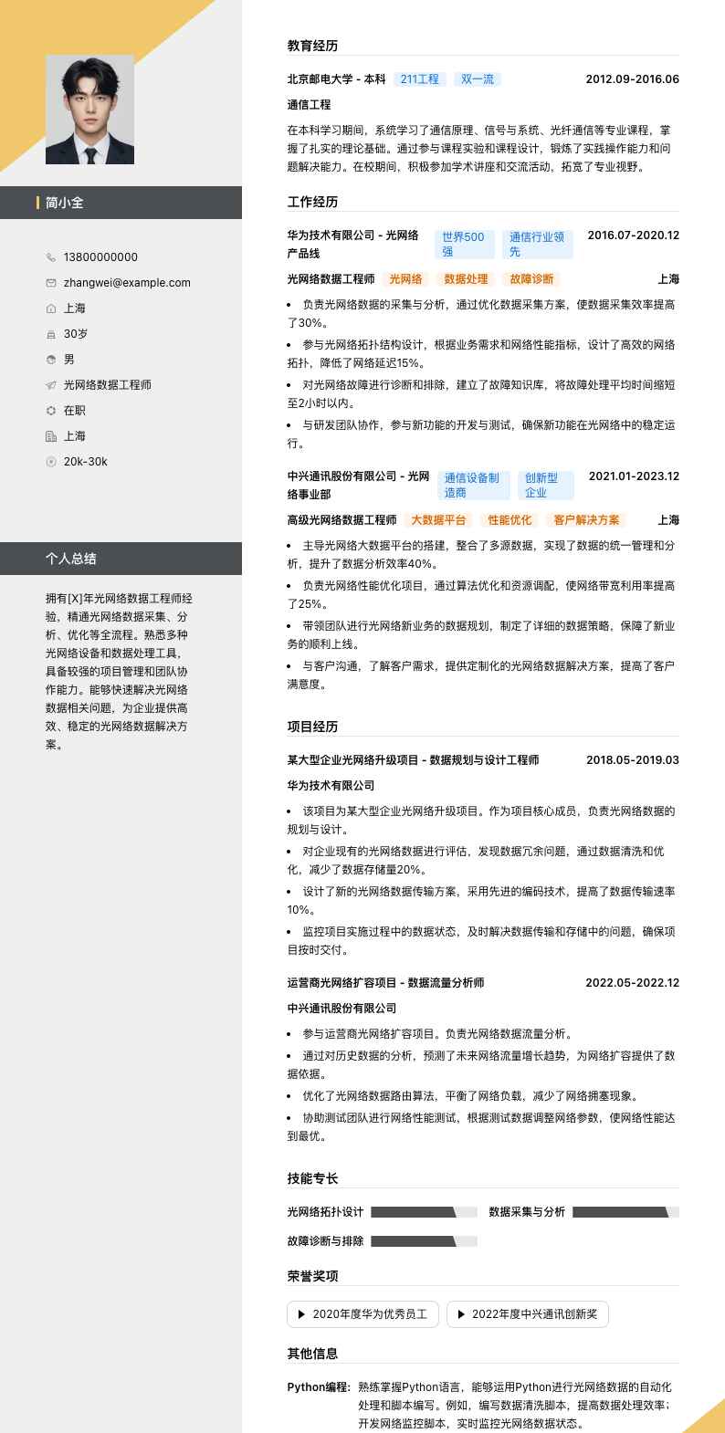 光网络数据工程师简历模板