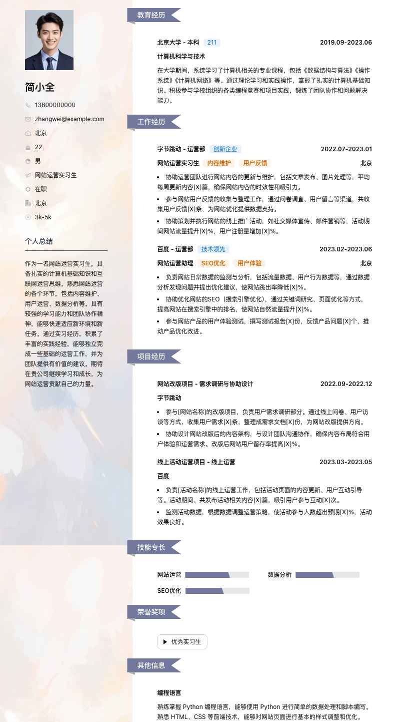 网站运营实习生简历模板