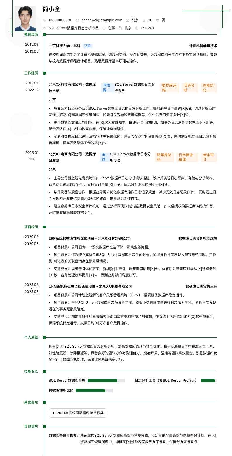 SQL Server数据库日志分析专员简历模板