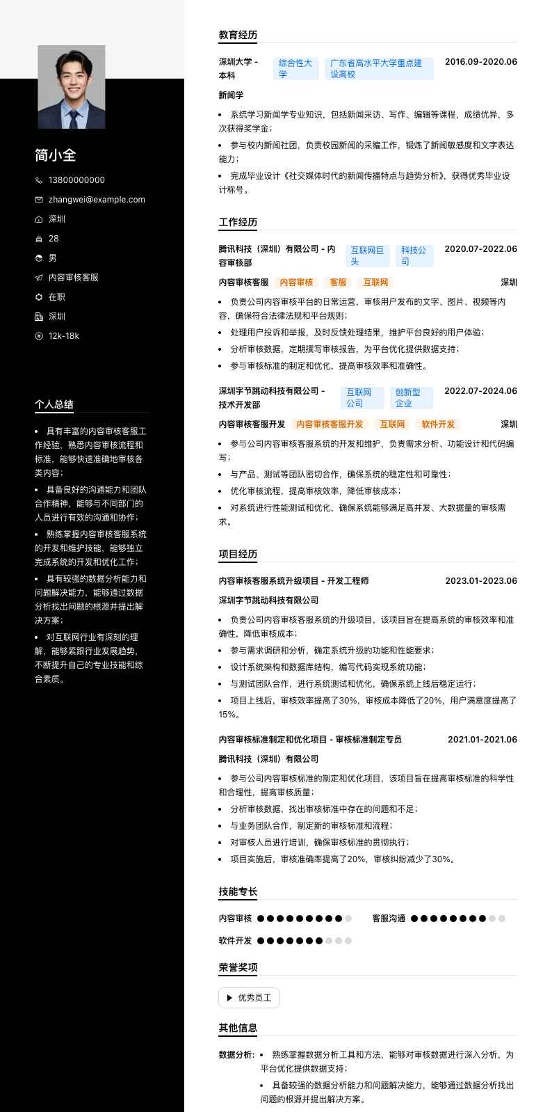 内容审核客服简历模板