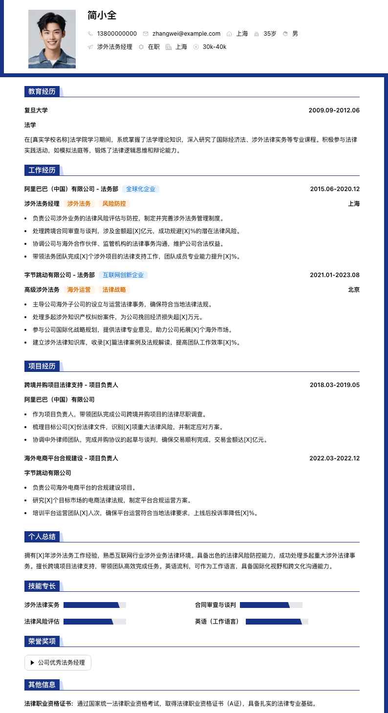 涉外法务经理简历模板