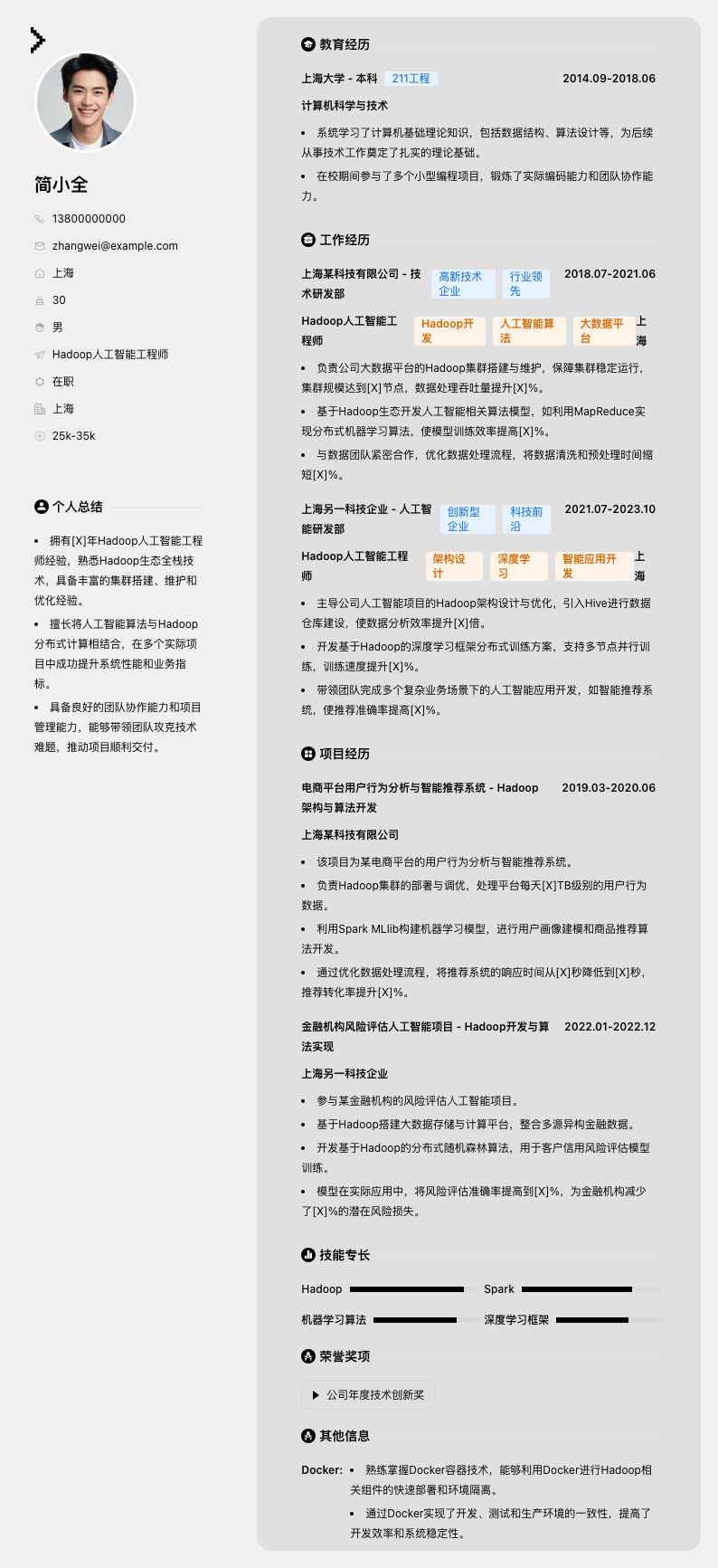Hadoop人工智能工程师简历模板