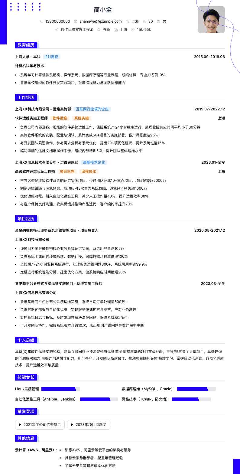 软件运维实施工程师简历模板