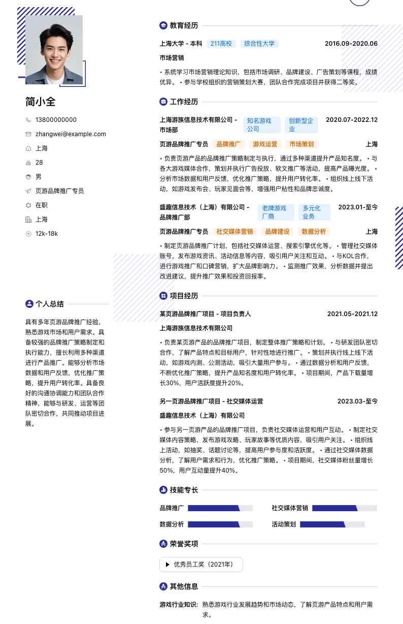 页游品牌推广专员简历模板