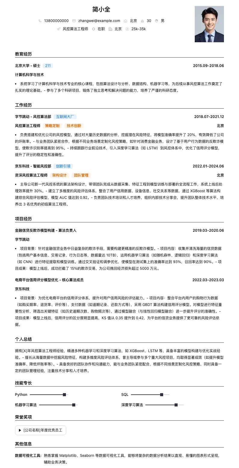 风控算法工程师简历模板