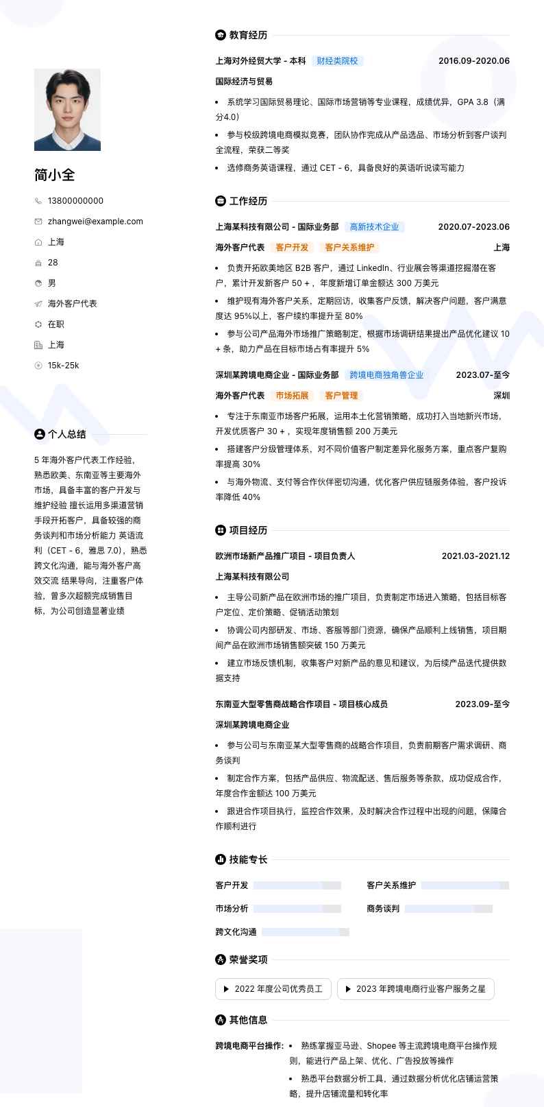 海外客户代表简历模板