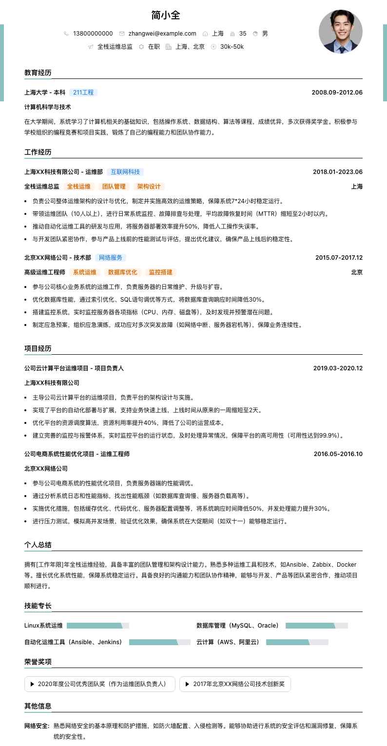 全栈运维总监简历模板