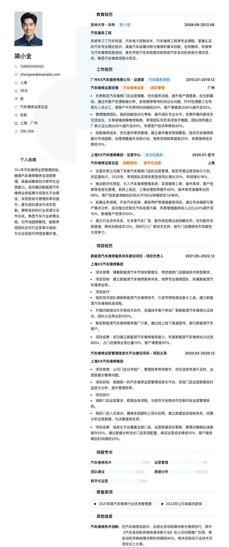 汽车维修运营总监简历模板