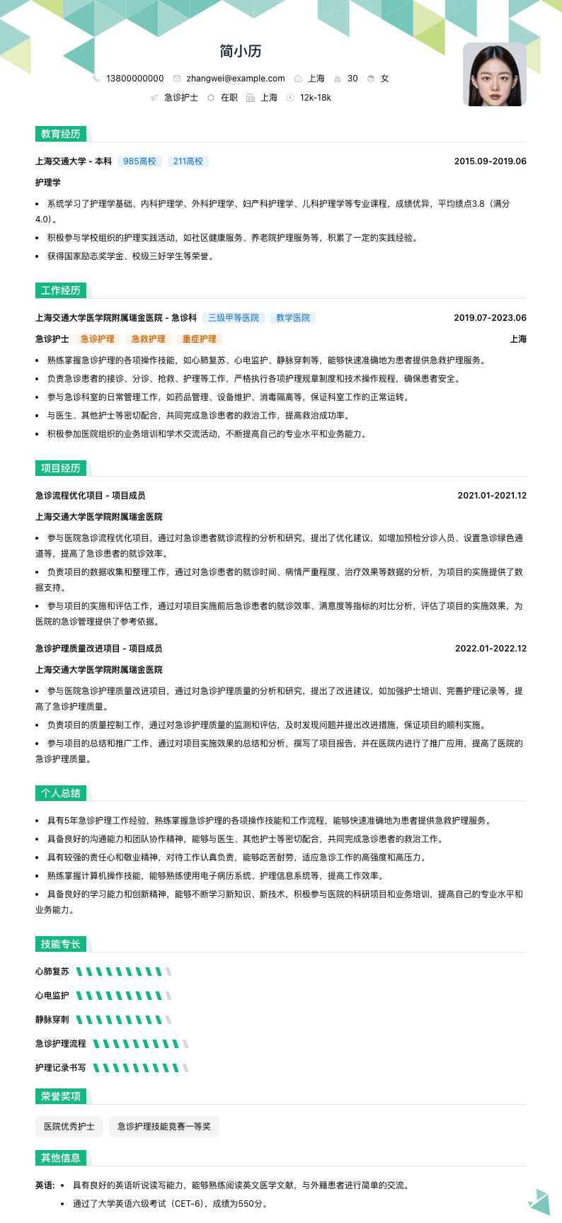 急诊护士简历模板