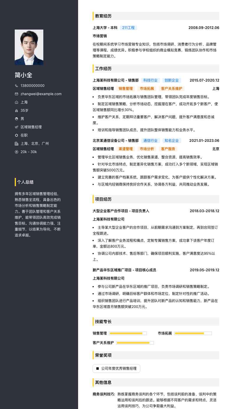 区域销售经理简历模板