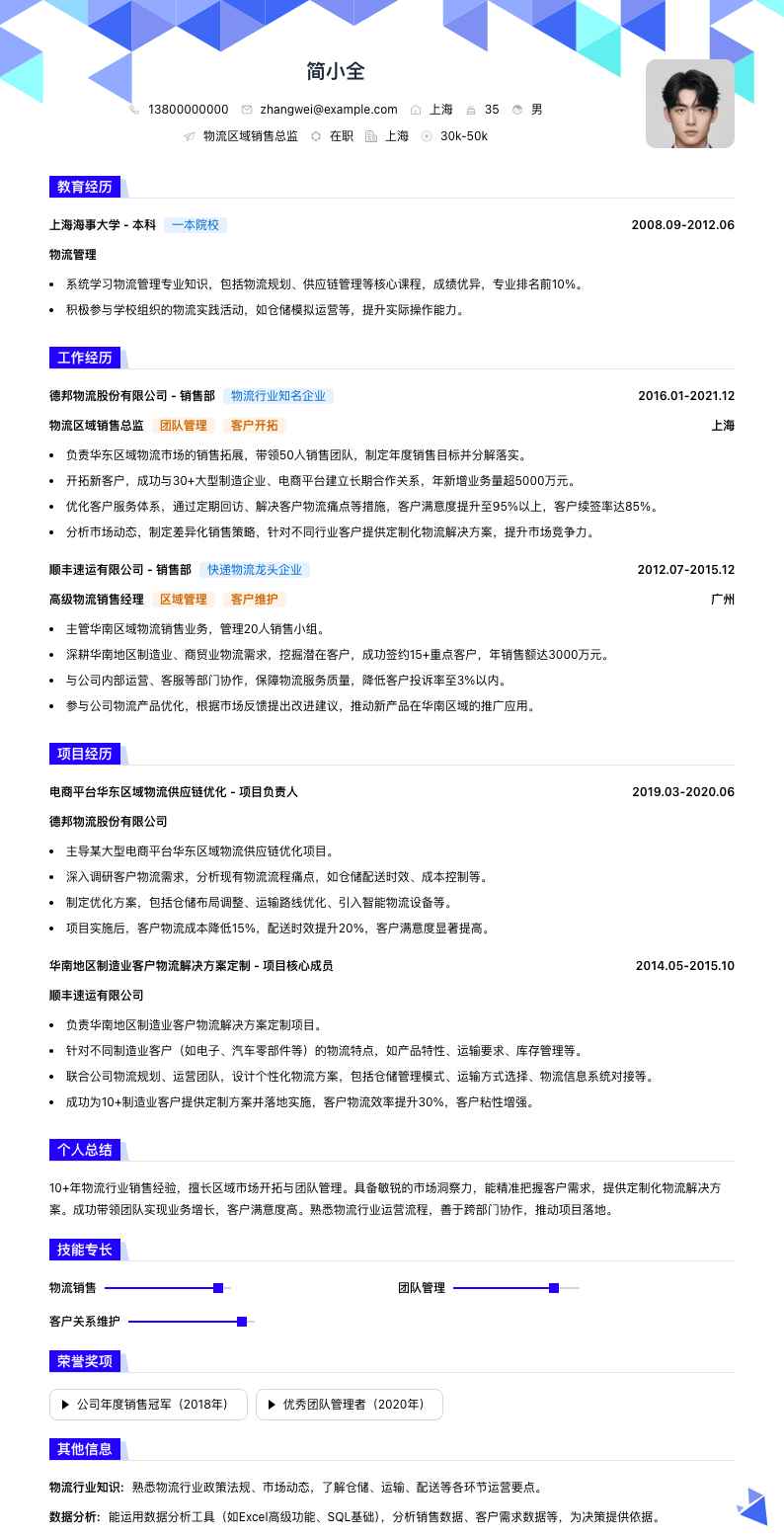 物流区域销售总监简历模板