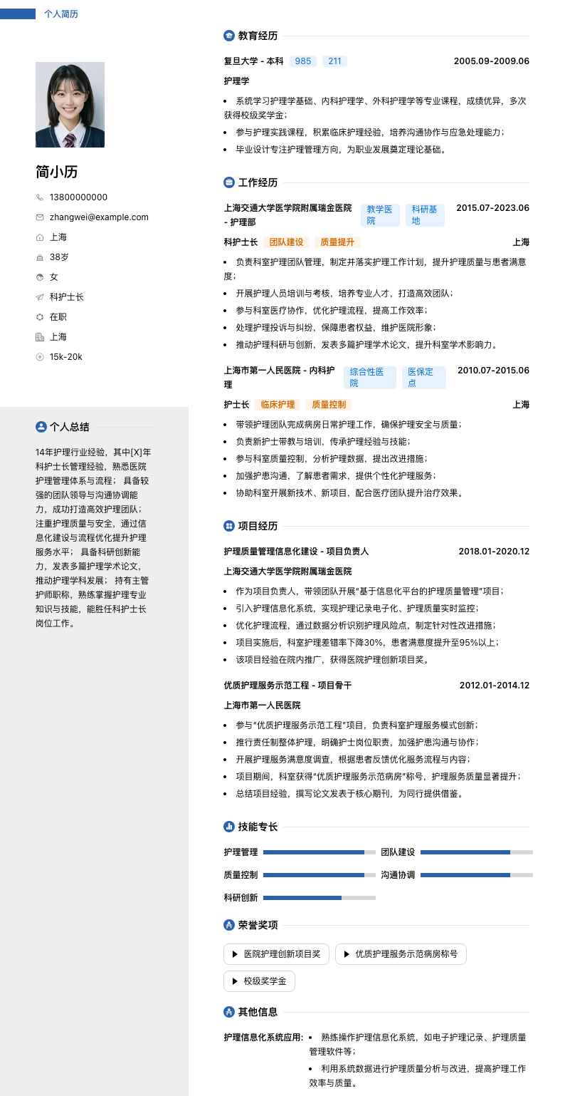 科护士长简历模板