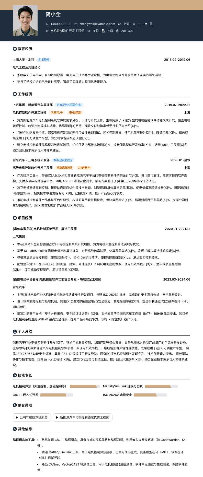 电机控制软件开发工程师简历模板