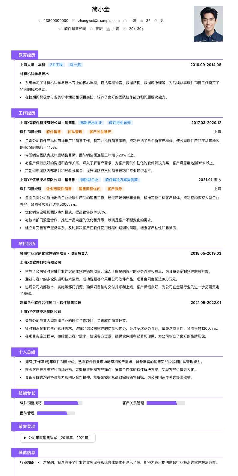 软件销售经理简历模板