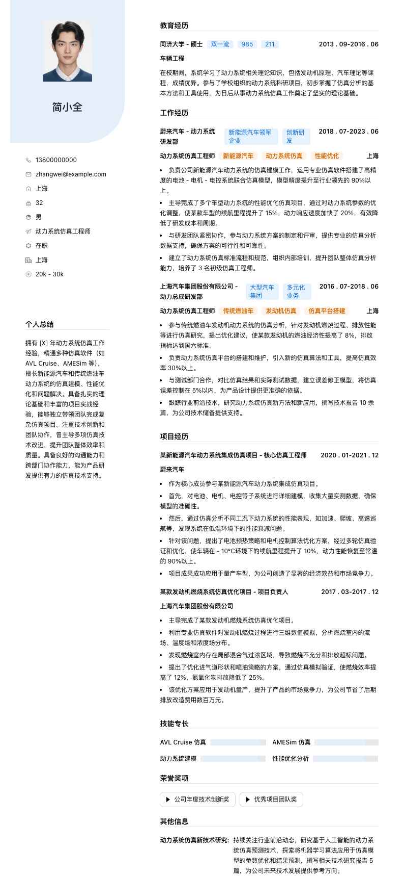 动力系统仿真工程师简历模板